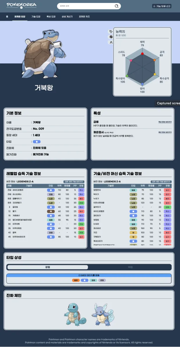 Poke Korea 포켓몬 상세 페이지 — 능력치 레이더 차트, 타입 상성, 진화 트리